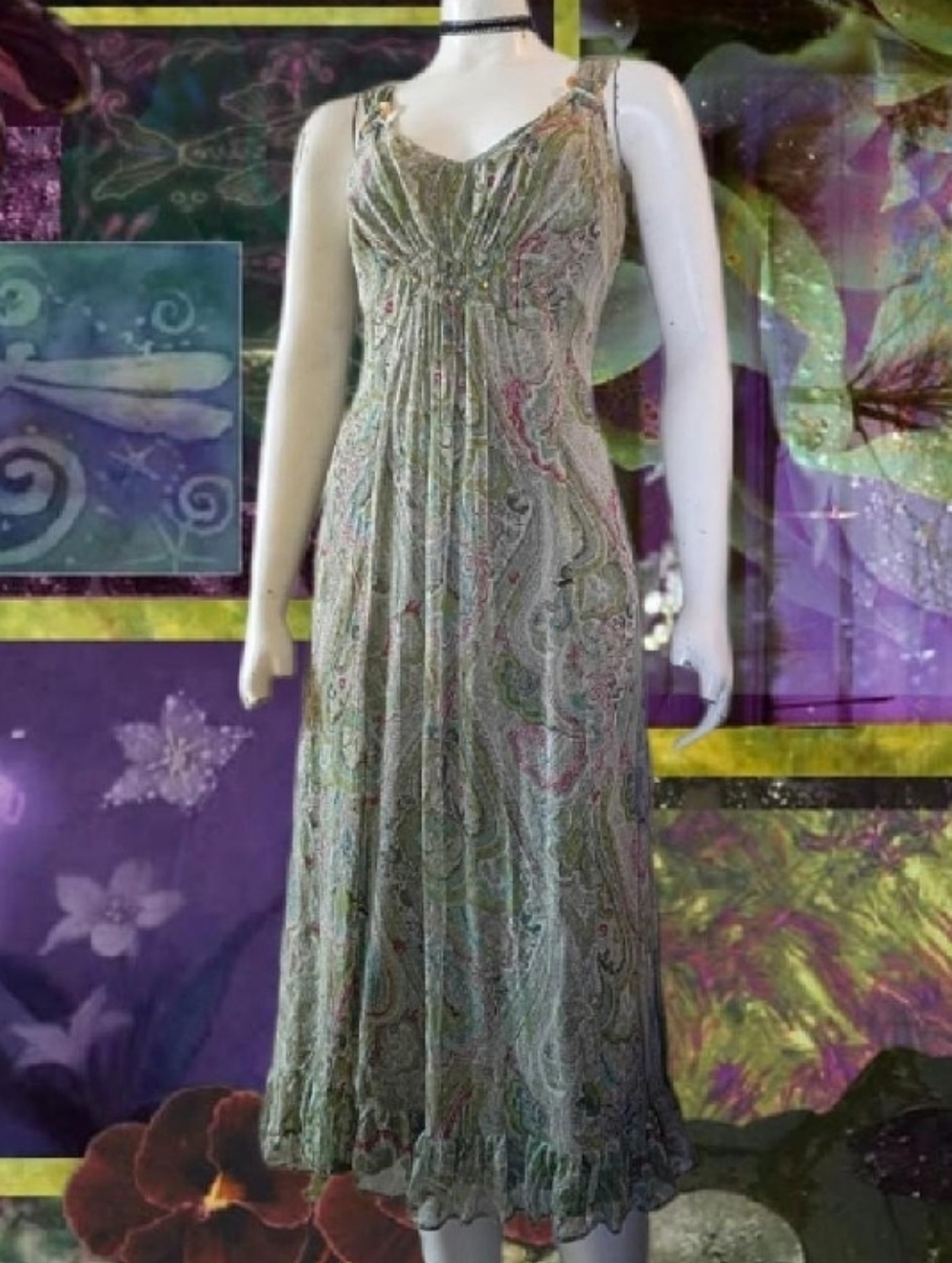VTG Y2K Johnathan Martin Sz 12 100% Silk Green Paisley Ruffled Midi Dress